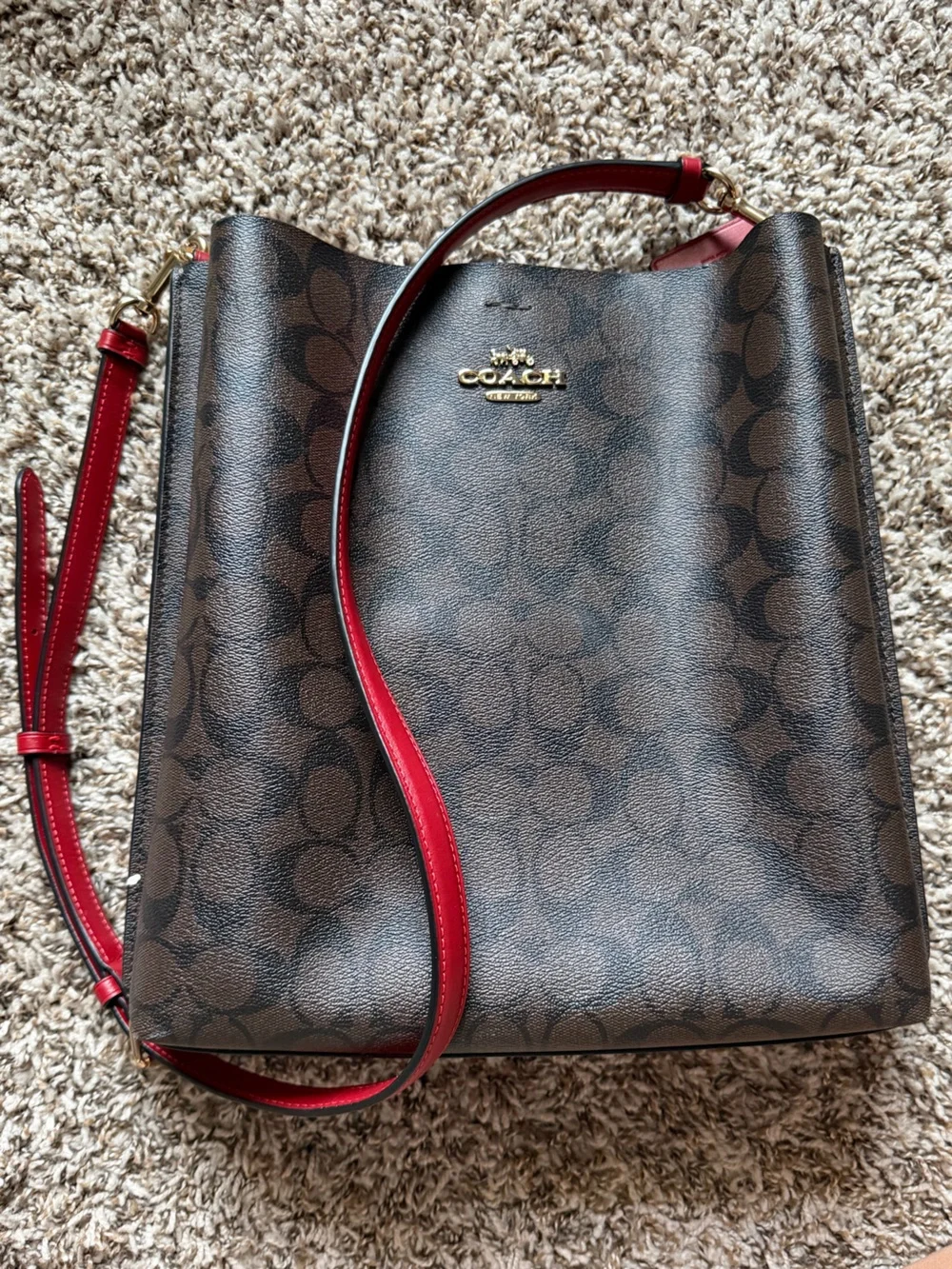 Coach Brown Signature Canvas Tote with Red Strap